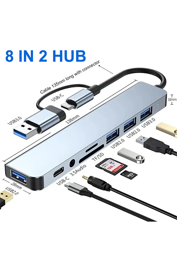 موزع 8 في 2 موزع 8 في 2 USB +Type C مع محول مقبس صوت 3.5 مم وقارئ بطاقة Micro SD