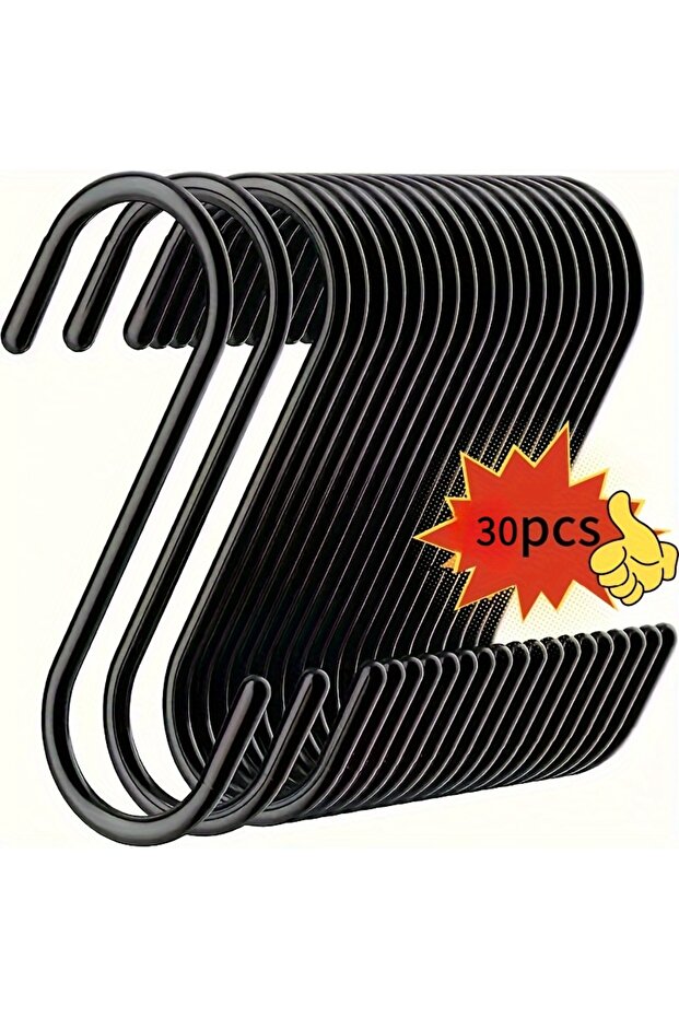 HS-30PCS خطافات S من الفولاذ المقاوم للصدأ شديدة التحمل باللون الأسود - سهلة التركيب، حل طويل الأمد للتثبيت على الحائط