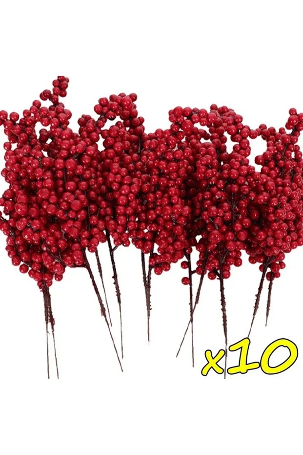 10PCS Christmas Artificial Red Berries Branch Fake Plants Flowers Holly Berry Stamen Wreath Ornament