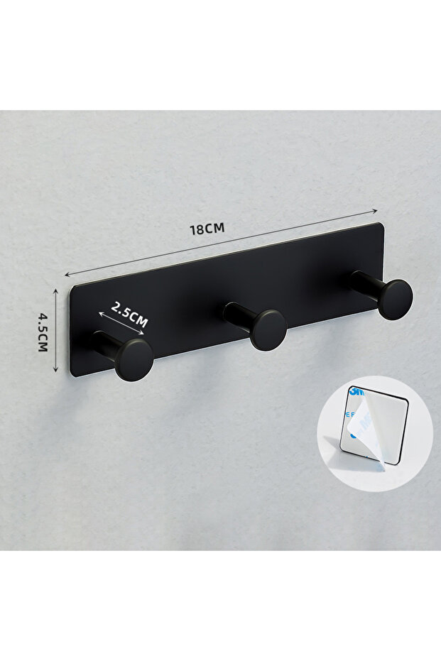 Black 3 Hook Coat Rack Wall Mounted, Adhesive Coat Hooks, Stainless Steel Door Hooks for Hanging Hat