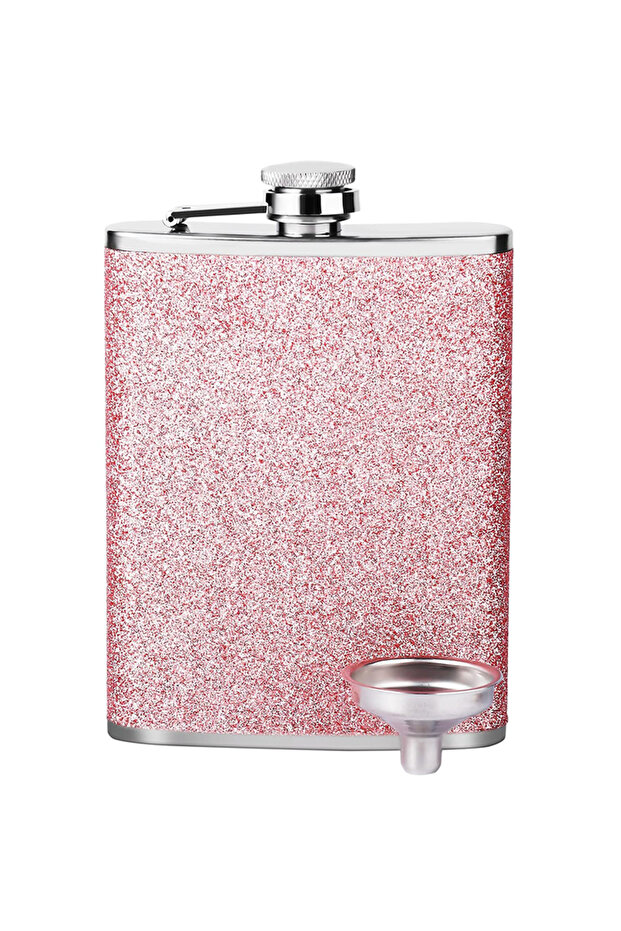 Pink 8oz Glitter Bling Hip Flask Stainless Steel Hip Flask with Never-Lose Cap and Funnel Leakproof