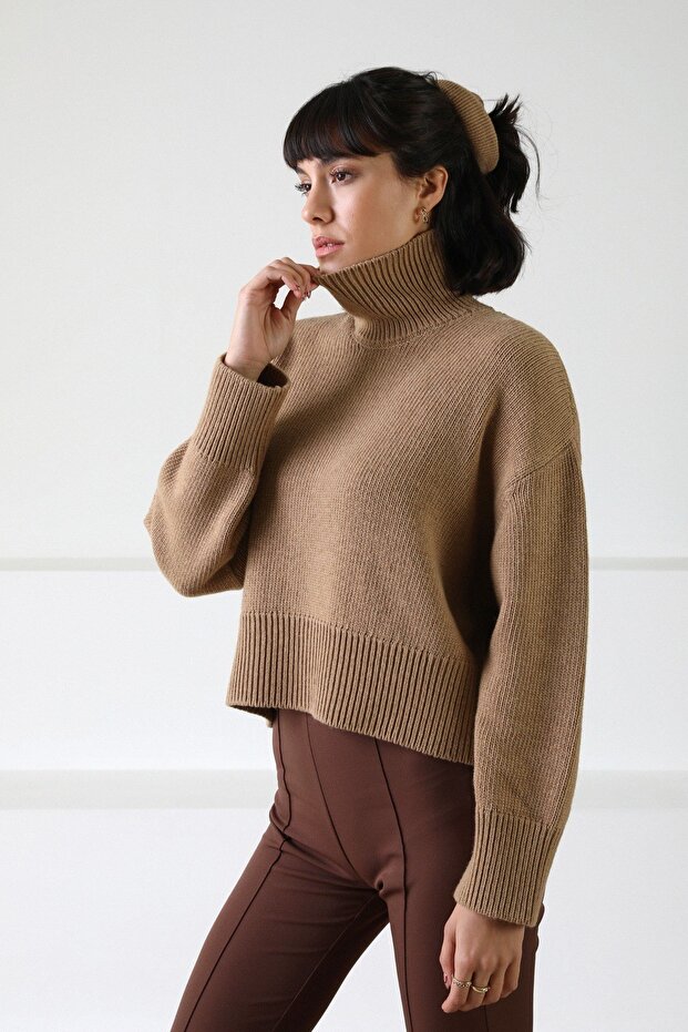 Camel Long Sleeve Turtleneck Cashmere Women's Knitwear Sweater