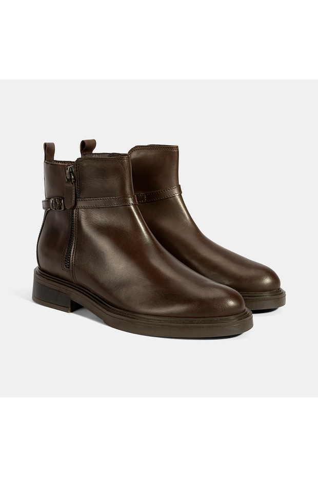 Women's Brown Metal Buckle Detailed Zippered Leather Boots