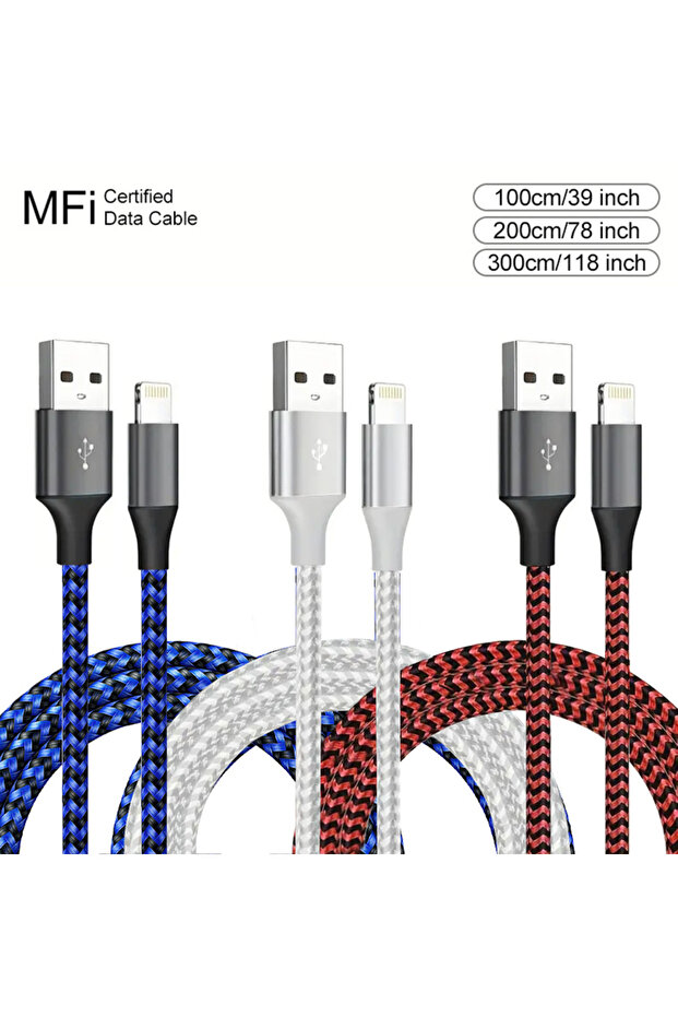 1 متر 3 قطع أزرق أبيض أحمر 3 قطع 1 قطعة كابل USB إلى Lightning معتمد من MFi لهاتف iPhone 14 13 12 11 X XR Pro