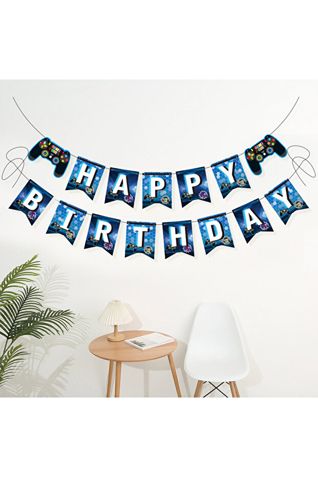 Blue Gamepad Birthday Pull Flag GAME ON theme Happy Birthday Party Children Holiday Gift Decorated B