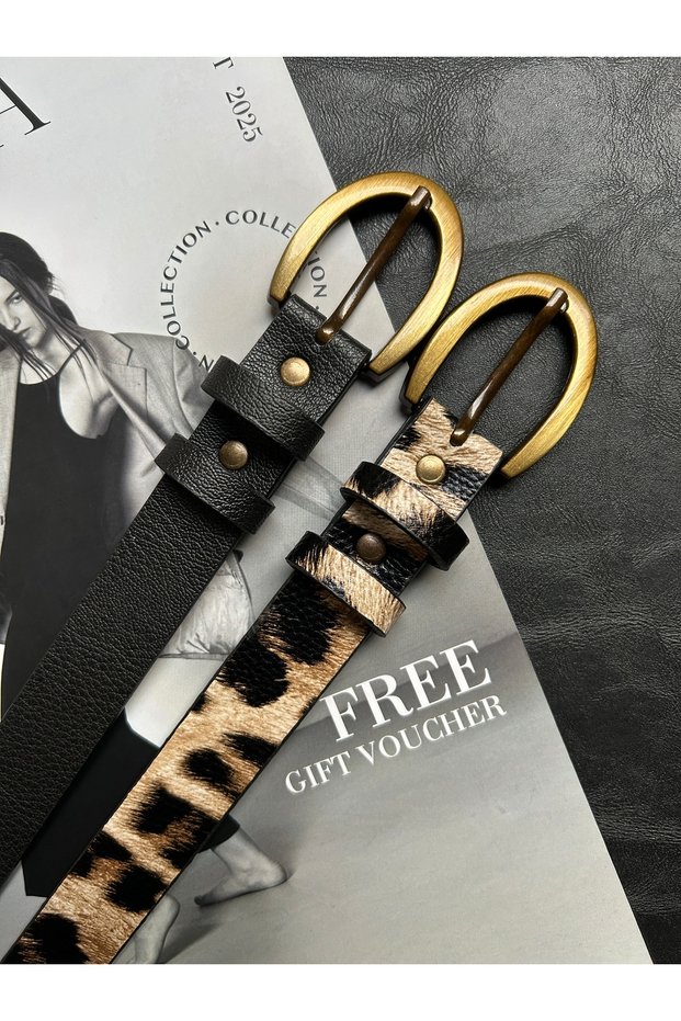 2-Pack Lust Classic Patterned Women's Antique Gold Buckle Belt Jacket Belt Dress Belt Trouser Belt