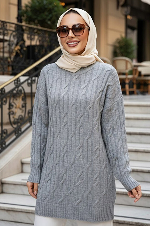 Gray Hijab Knitwear Sweater 8798Gr