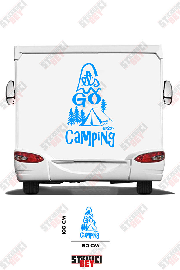 Caravan Sticker Covering with the Text'Go Camping' and an Image of a Tent and a Tree