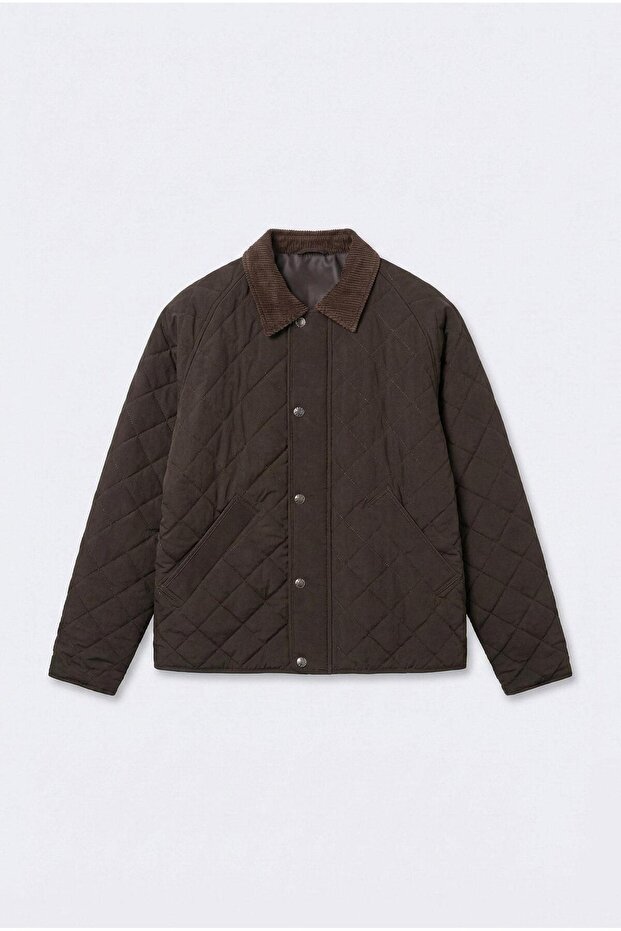 Men's Oversized Velvet Collar Detailed Quilted Jacket Brown