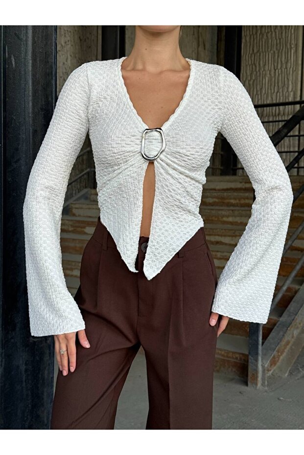 Halkalı Kapamalı Fitilli İspanyol Kol Bluz - 4