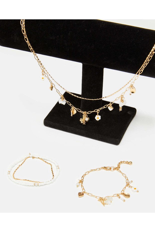 Girls Gold Embellished Necklace And Bracelet (3 Piece)