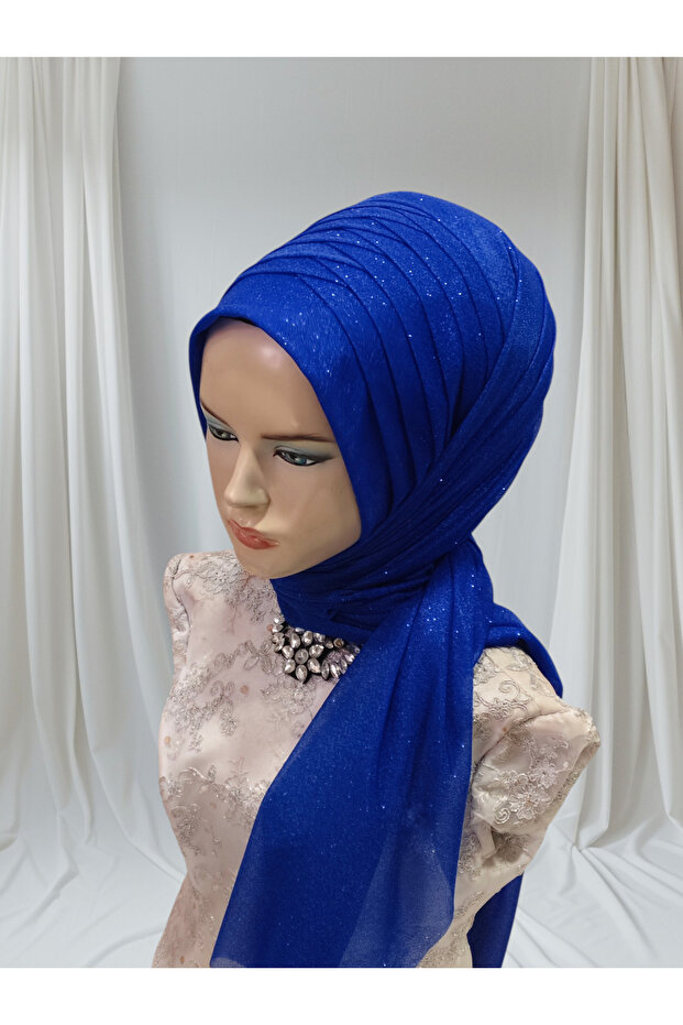 Glittery Cobalt Blue Gamze Single-Piece Ready-Made Shawl Ready-Made Turban Ready-Made Veil