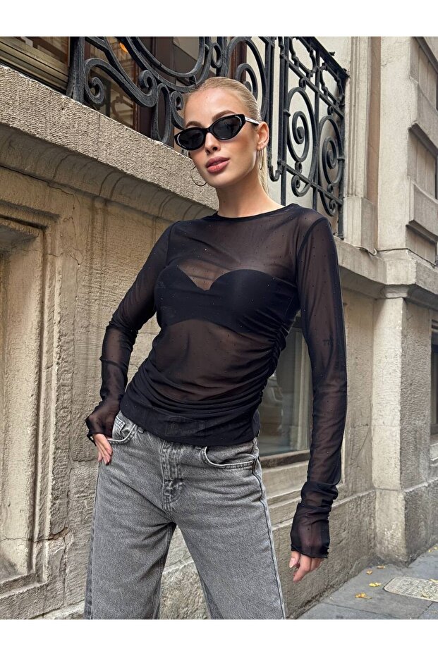 Siyah Şeffaf Tül Bluz - 7