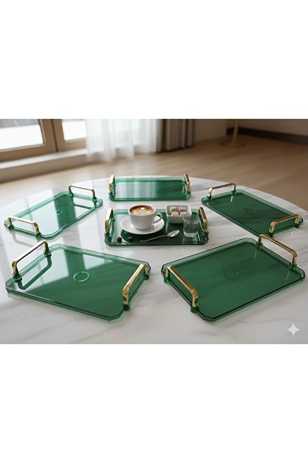 6 Pieces Turkish Coffee Presentation Tray with Gold Handles | 6' Stylish Set 25X17Cm Emerald Green