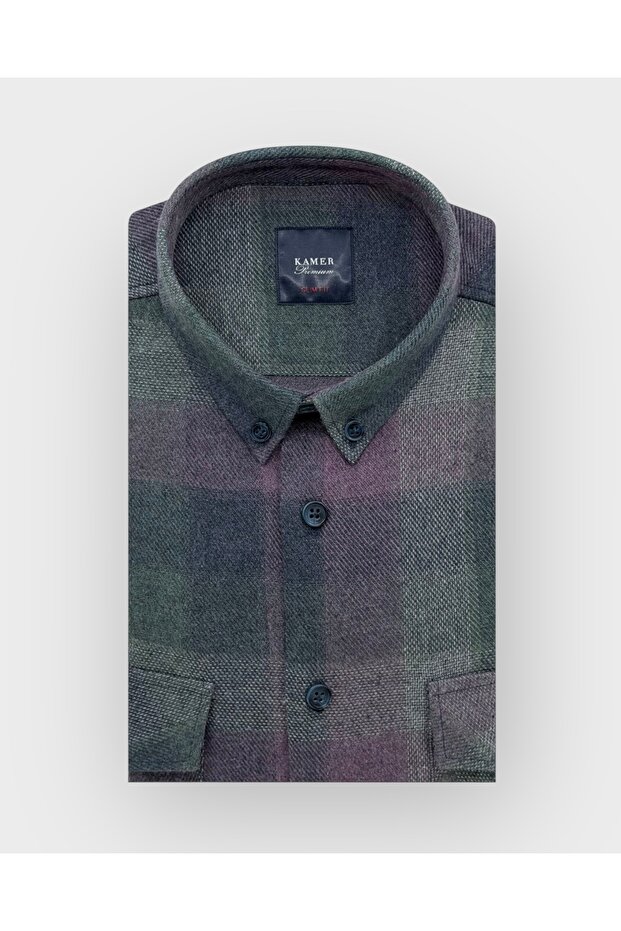 Slim Fit Winter Long Sleeve Double Pocket Flap Buttoned Collar Plaid Petrol Shirt 2417P