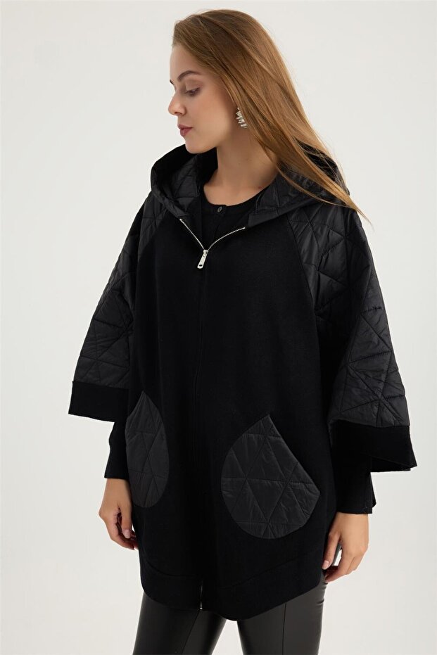 Triko Cepli Kapşonlu Panço - 2