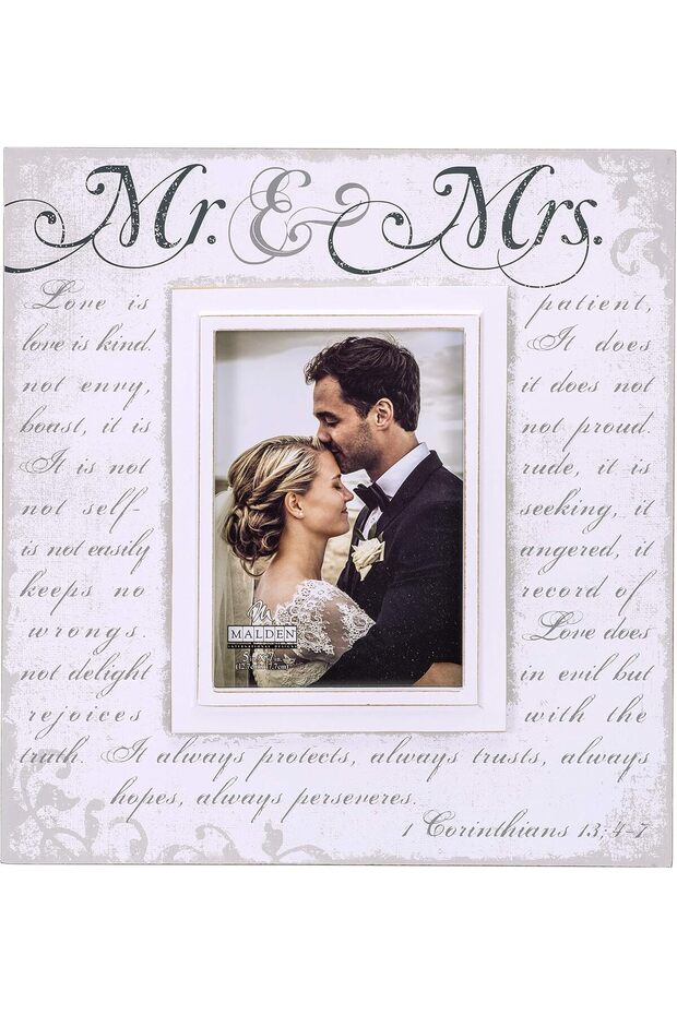 Off White 5x7 Silkscreened Corinthians Verse 'Mr & Mrs' Wood Picture Frame, 3244-57