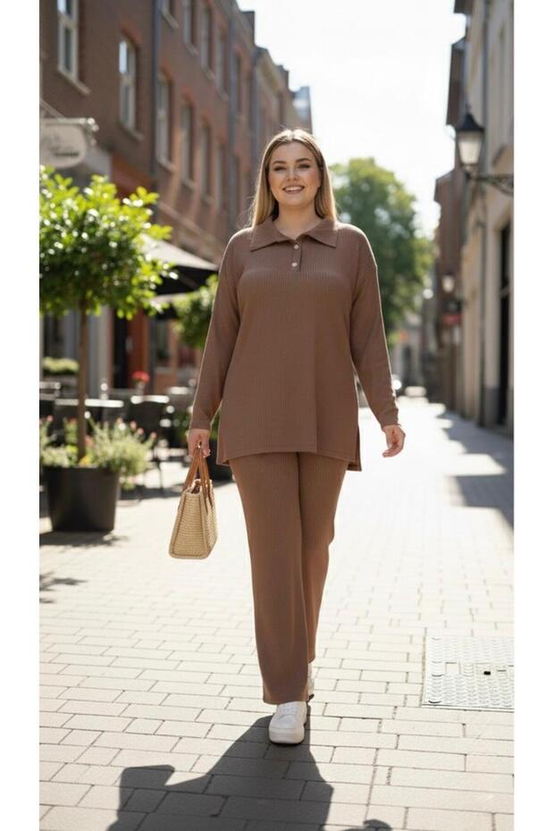 Women's Plus Size Shirt Collar Buttoned Ribbed Knit Fabric Tracksuit Set 8232-26