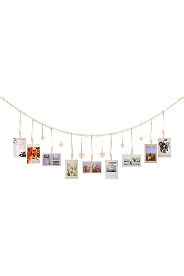 Hanging Photo Display with Heart — Bohemian Wooden Bead Garland Photo Frame
