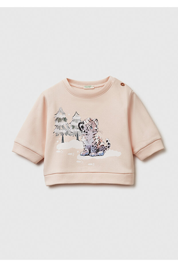 Baby Dusty Pink Front Printed Buttoned Crew Neck Sweatshirt