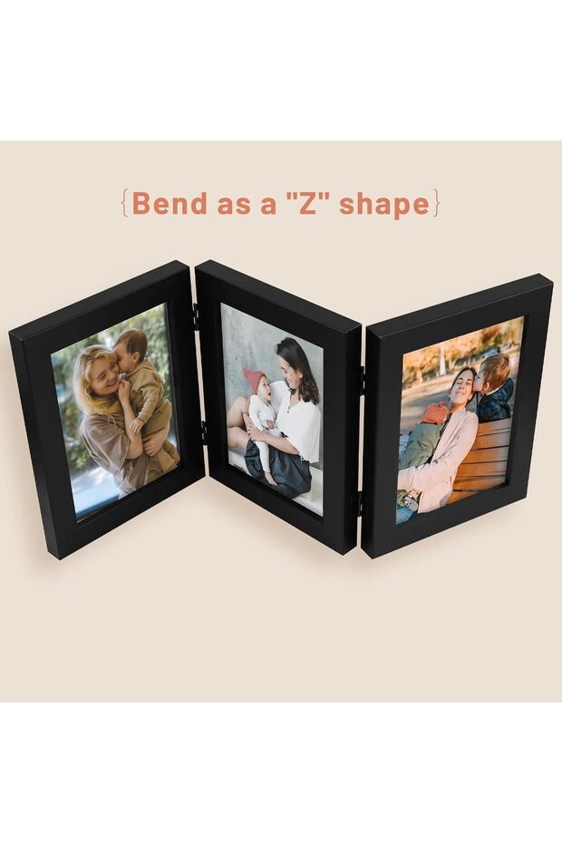 5x7 Three Picture Trifold Hinged Photo Frame - Triple Desktop Collage, Real Glass
