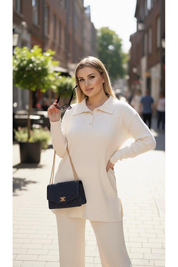 Women's Plus Size Shirt Collar Buttoned Ribbed Knit Fabric Tracksuit Set 8232-26