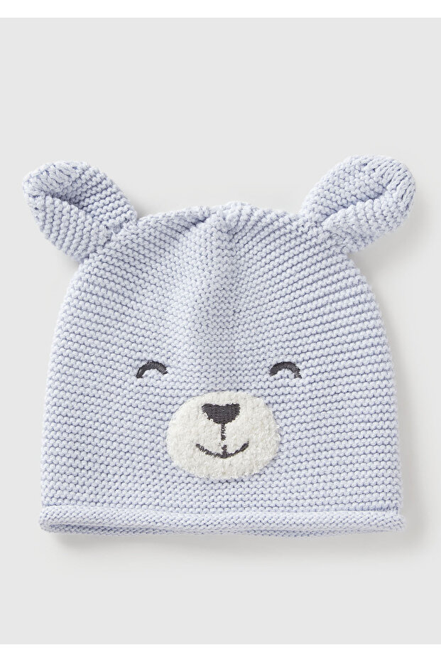 Baby light blue embroidered knitted hat with ears