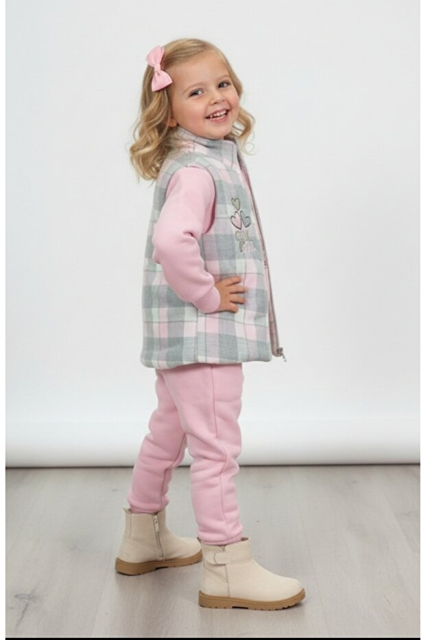 Girl's Plaid Zipper Closure Puffer Vest Three-In-One Thick Sweat Bottom Tracksuit Set