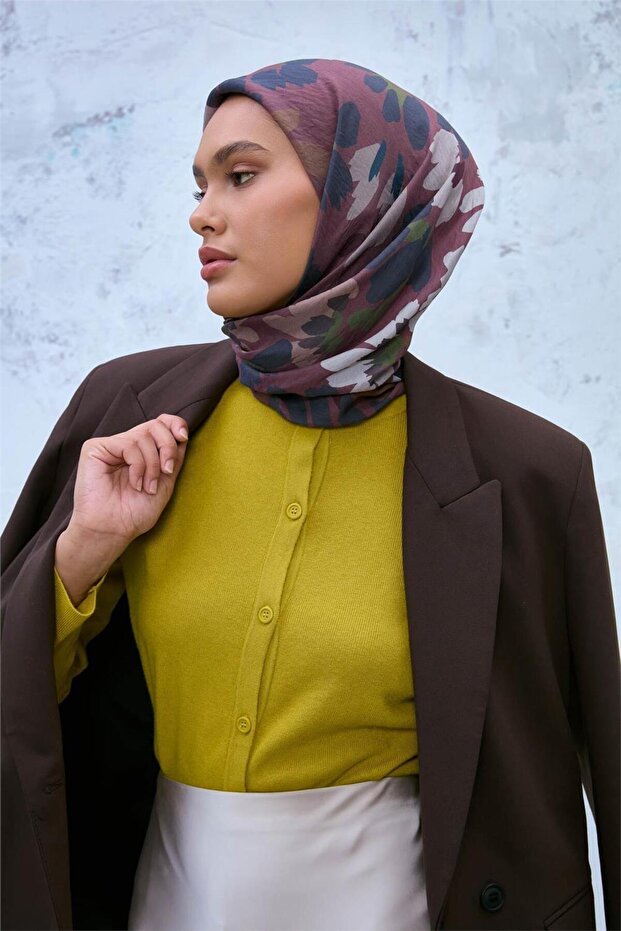 Viscose Velora Scarf Plum-Dried Rose-Petrol Blue Patterned Non-Slip Textured Durable 90X90