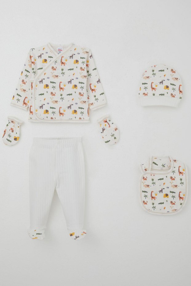 Baby Boy Hospital Release 5-Piece Baby Zoo Set 0-3 Months, Ecru