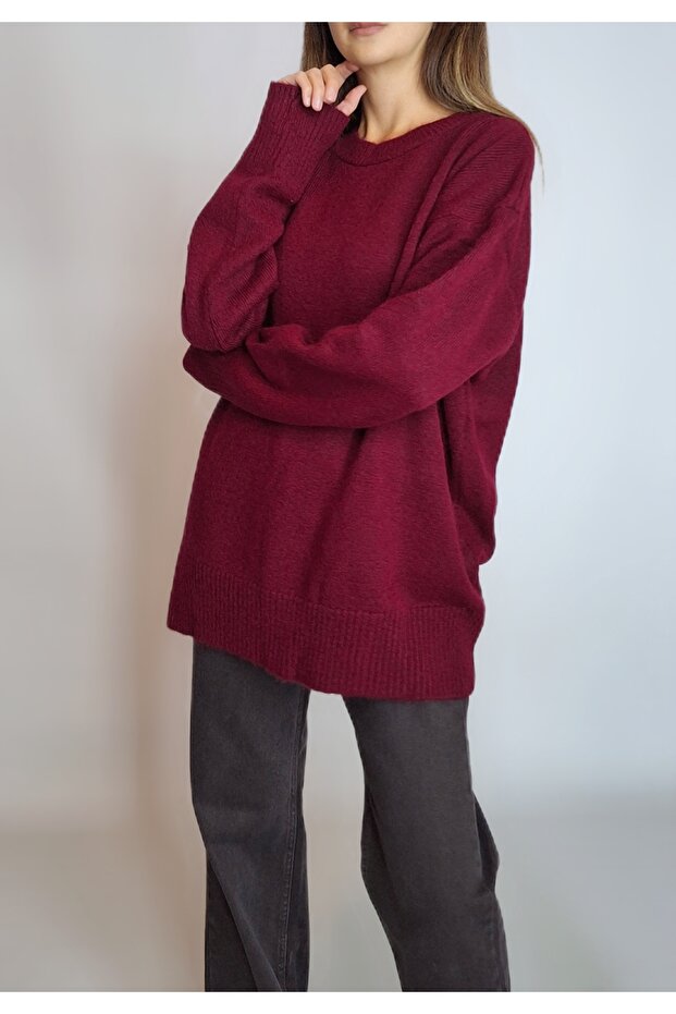 Women's Burgundy Oversized Zero Neck Basic Bol Sweater Yy101289