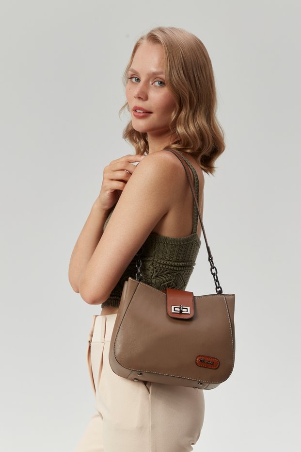 Women's Three-Compartment Lock Closure Adjustable Shoulder and Crossbody Strap Mink-Colored Shoulder Bag