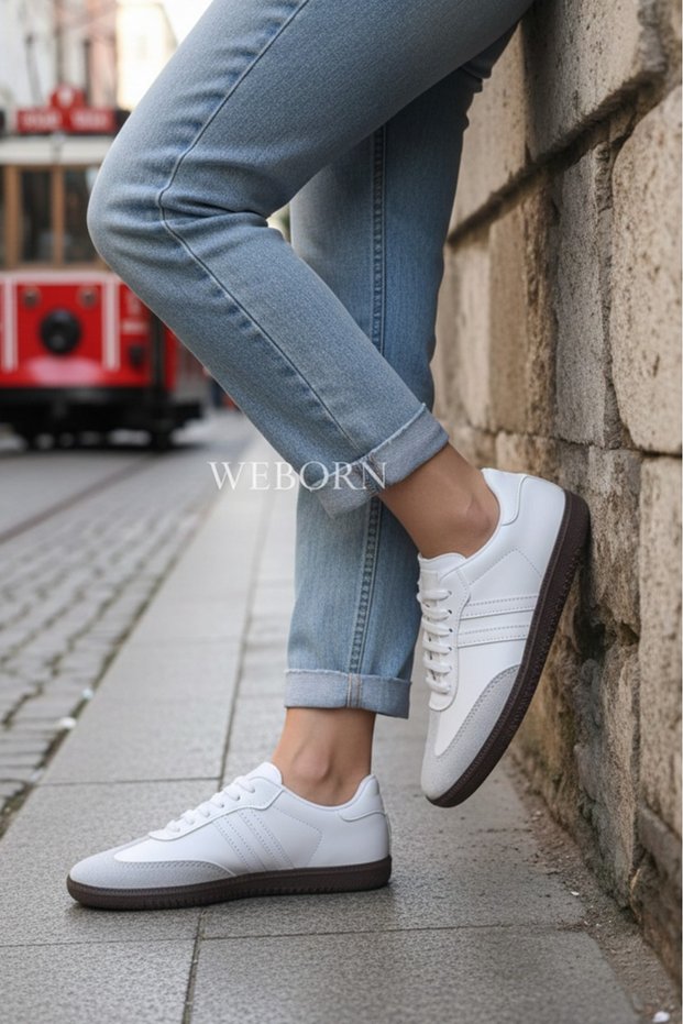 Women's White Gray White Striped Lightweight Comfortable Sole Sneaker Faux Leather Sports Shoes