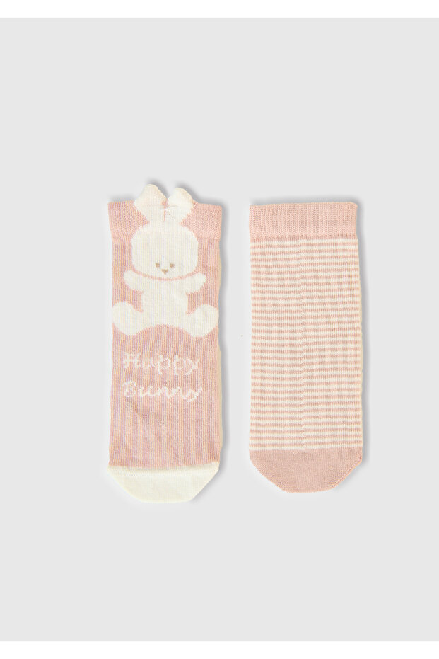 Baby Dusty Pink Rabbit Graphic and Striped 2-Piece Socks Set