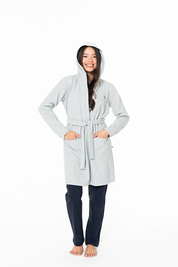 Women's Long Thin Soft Fleece Robe S26127 with Hood with Belt with Pockets