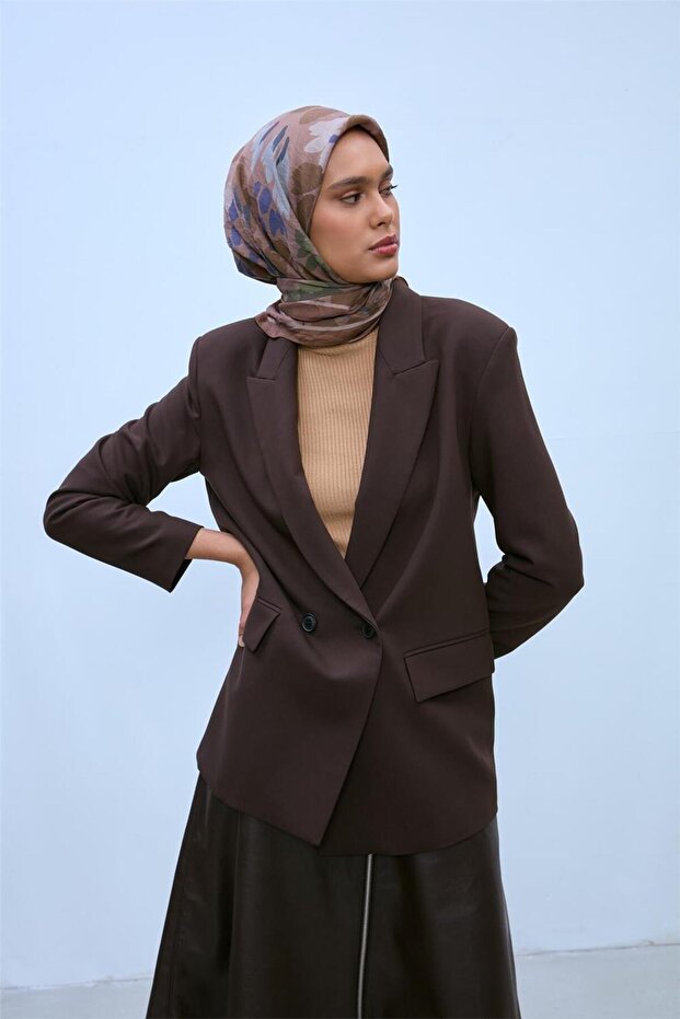 Viscose Velora Scarf Brown-Milky Brown-Green Patterned Non-Slip Textured Tok Duruşlu 90X90