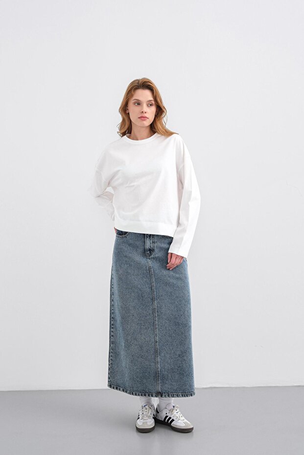 Ekru Kadın Bisiklet Yaka Etek Yırtmaçlı %100 Pamuk Oversize Basic Sweatshirt - 7