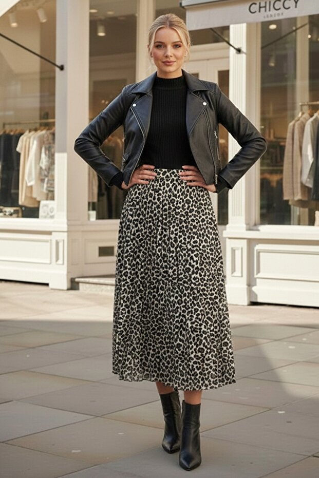 Black-Ecru Leopard Patterned Skirt with Pleated Elastic Waist Casual Long Woven Skirt 95 60