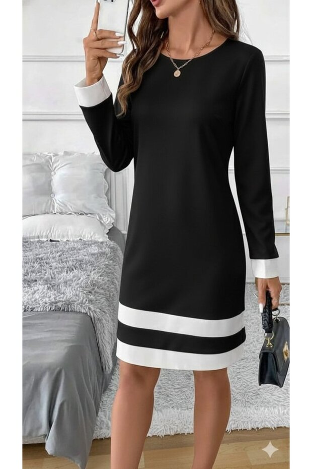 Women's Long Sleeve Round Neck Hem Striped Detail Mini Black and White Diver Dress