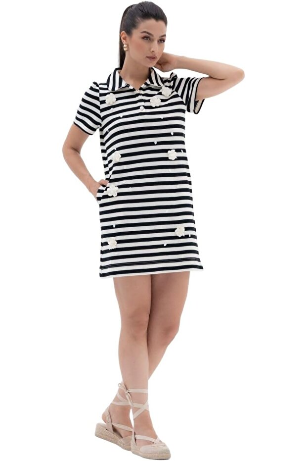 Cal Moda Nautical Dress – Women's Striped Knit Dress with Collar, Short Sleeves & 3D Flower Embell