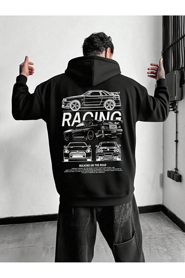 Unisex Racıng Printed Hooded Sweatshirt