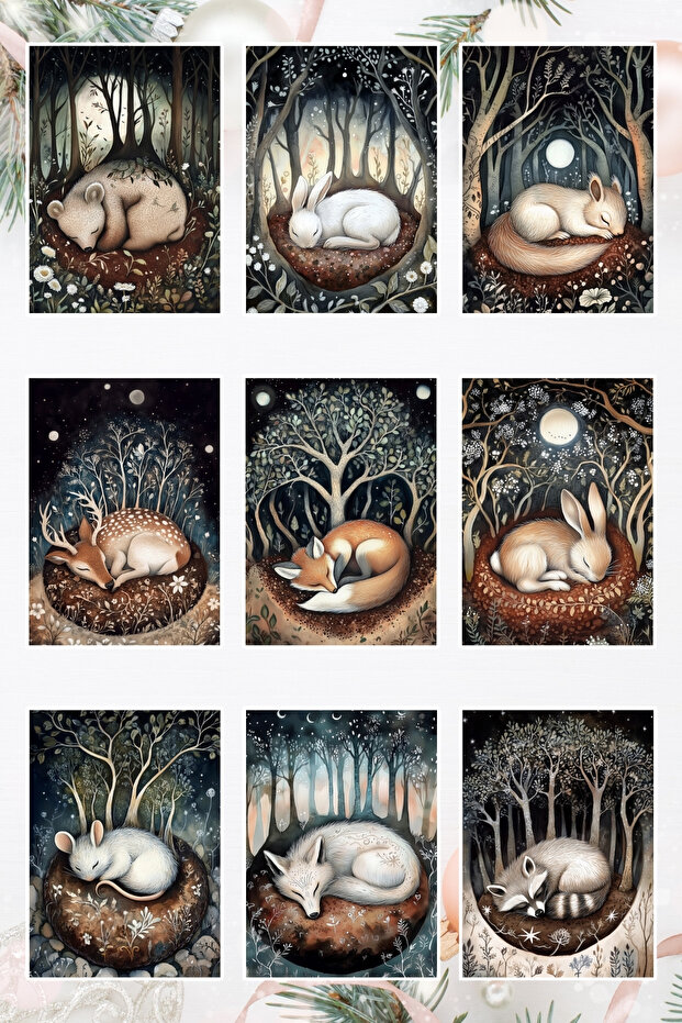 Cute Sleeping Forest Animals New Year's Eve 9-Piece Postcard