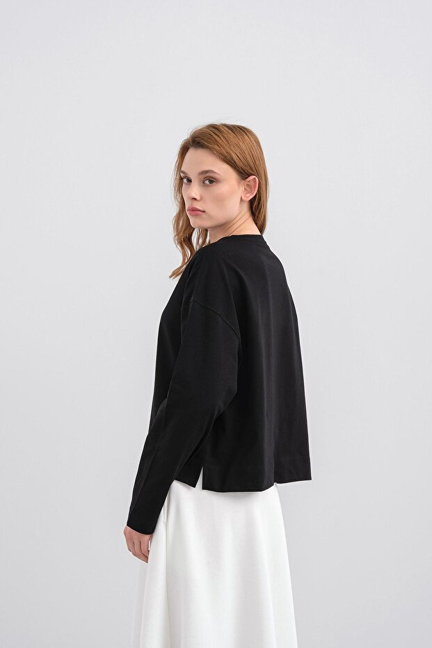 Siyah Kadın Bisiklet Yaka Etek Yırtmaçlı %100 Pamuk Oversize Basic Sweatshirt - 4