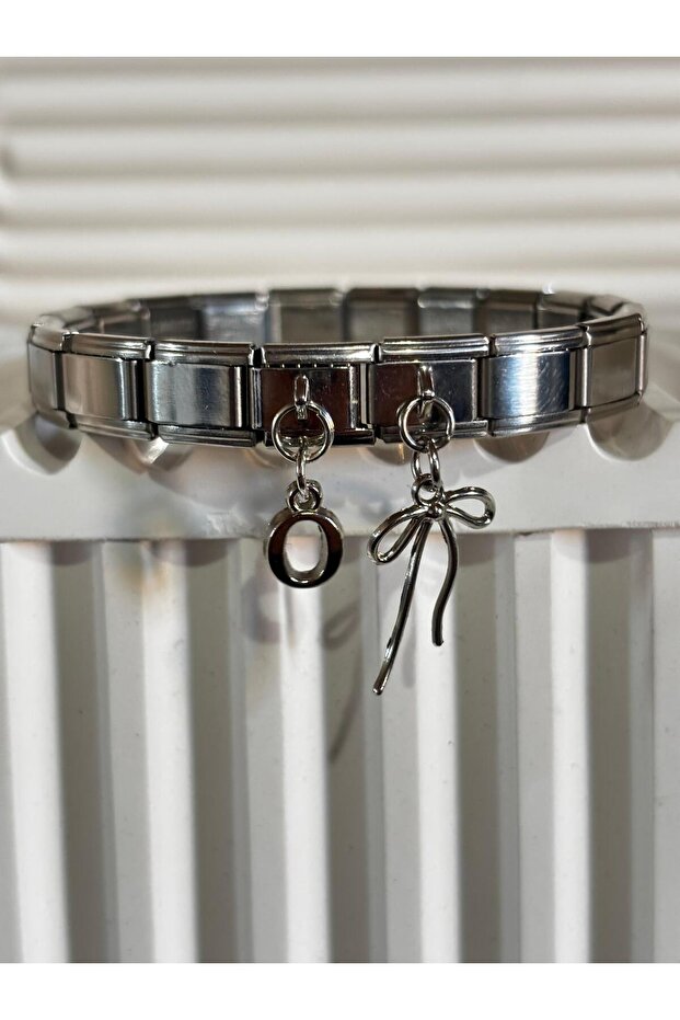 Steel Italian Bracelet with Letter O Ribbon Charm