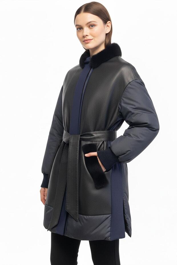 Navy Blue Armel Detailed Zippered Lined Fur Collar Women's Genuine Leather Coat