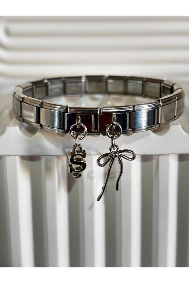 Steel Italian Bracelet with Letter S Ribbon Charm