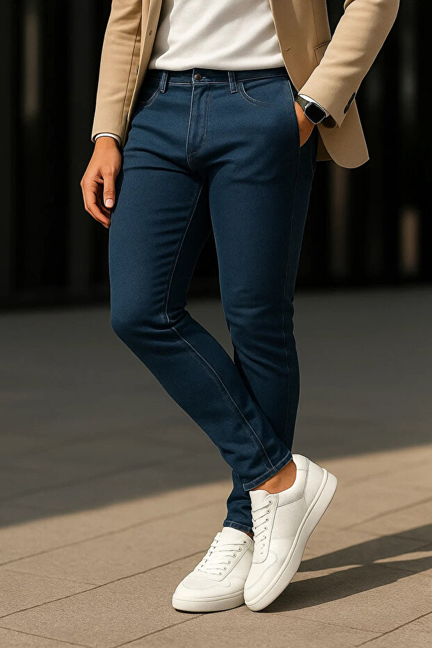 Men's Cotton Basic Blue Jeans Trousers - 4