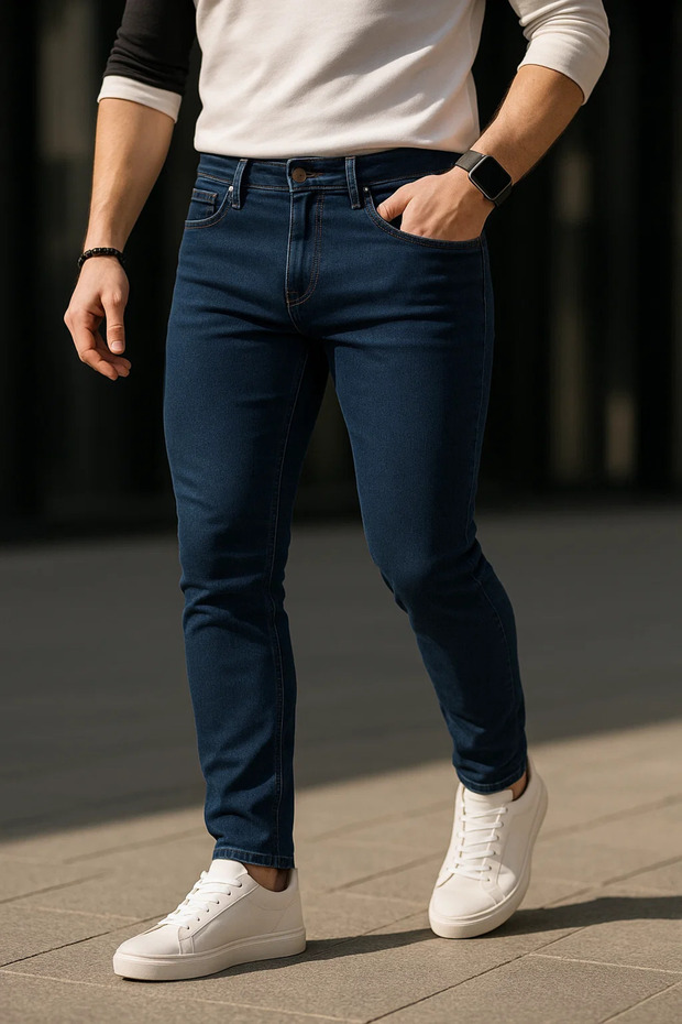 Erkek Pamuklu Basic Lacivert Jeans Pantolon - 3