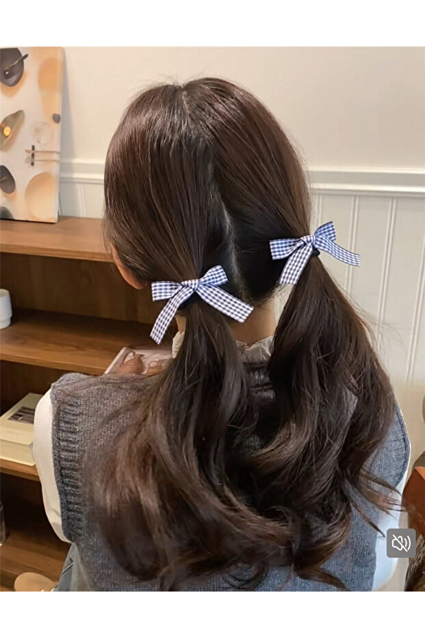 Blue Gingham Patterned Double Bow Rubber Buckle