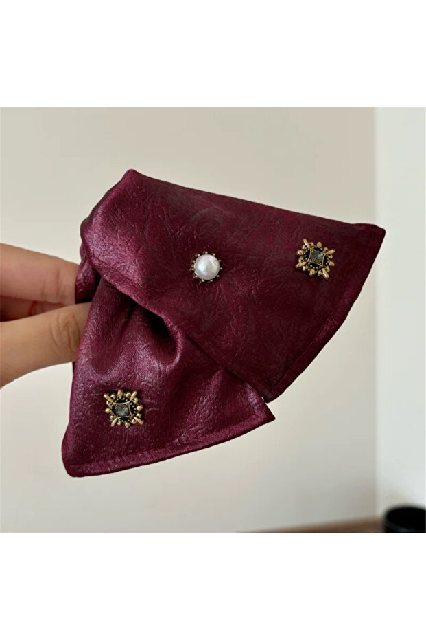 Burgundy Leather-Look Bowknot Buckle with Pearls and Stones